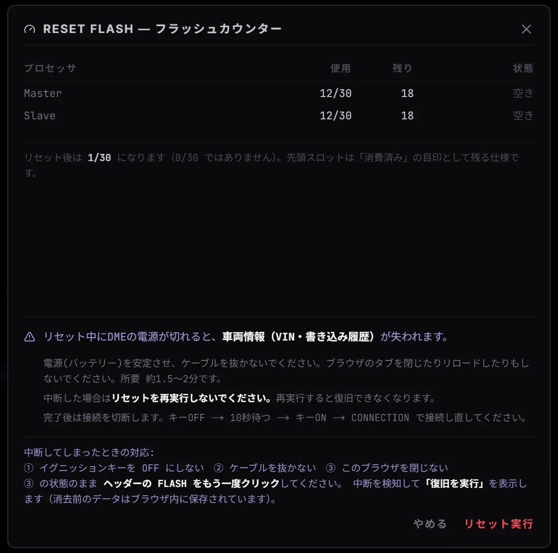 フラッシュカウンターのダイアログ。MasterとSlaveの使用回数と残り、注意事項、中断したときの対応手順が並んでいる