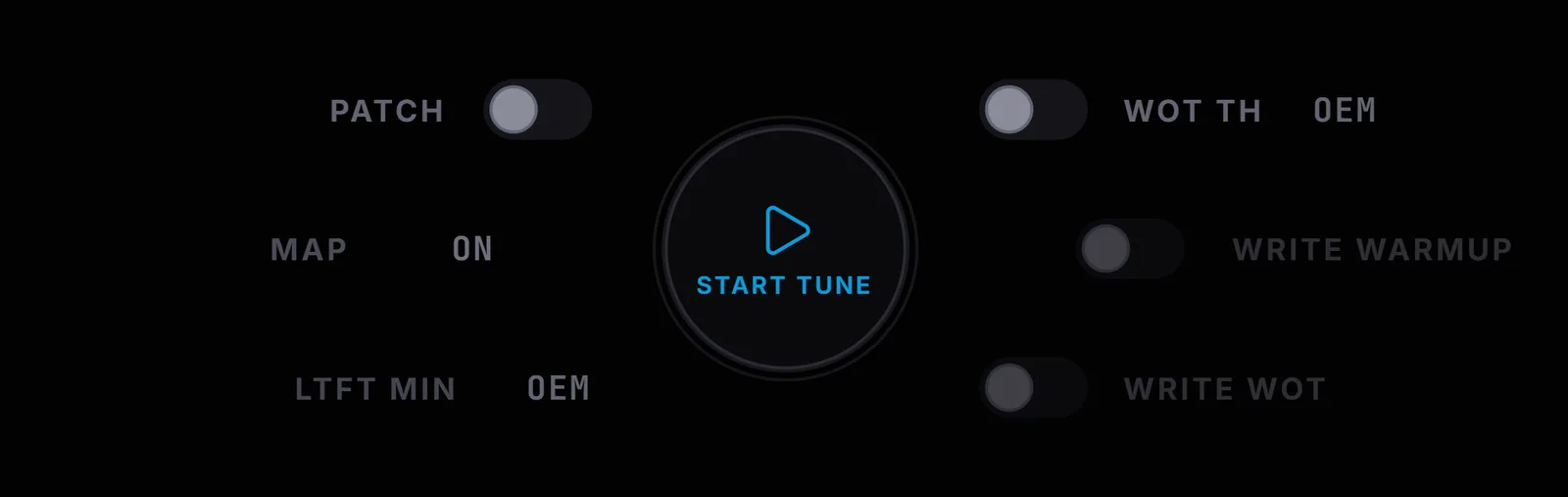 DMEクラスター。中央の丸いボタンがSTART TUNEを示し、下にRESET ADAPTが出ている